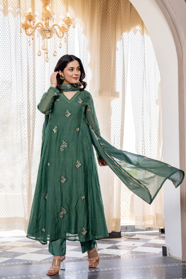 Green Chanderi Silk A-Line Kurta Set, photo 2