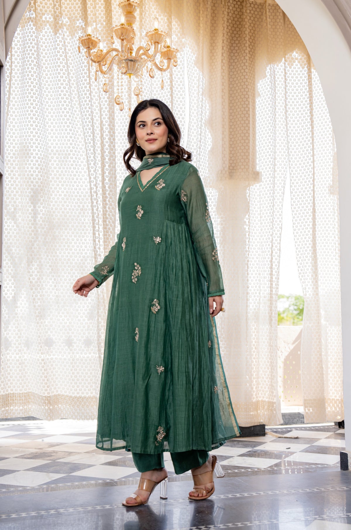 Green Chanderi Silk A-Line Kurta Set, photo 3