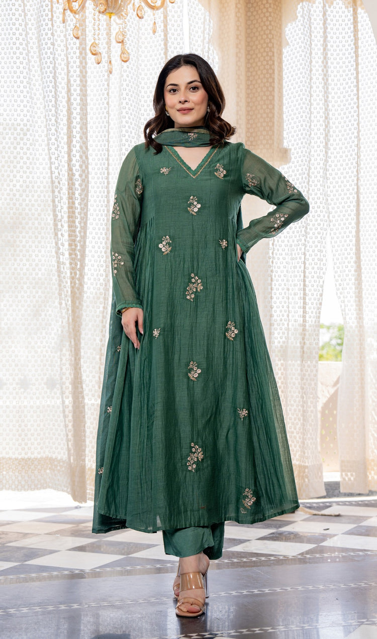 Green Chanderi Silk A-Line Kurta Set, photo 5