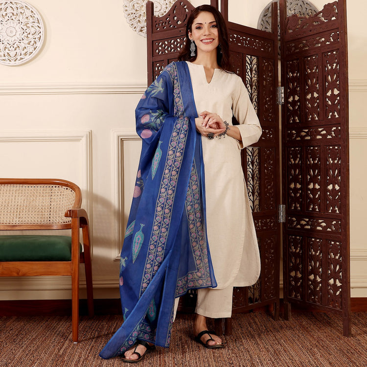 Beige Chanderi Silk A-Line Kurta Set
