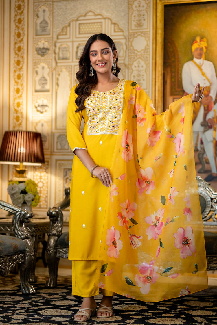 Yellow Viscose Rayon Straight Kurta Set