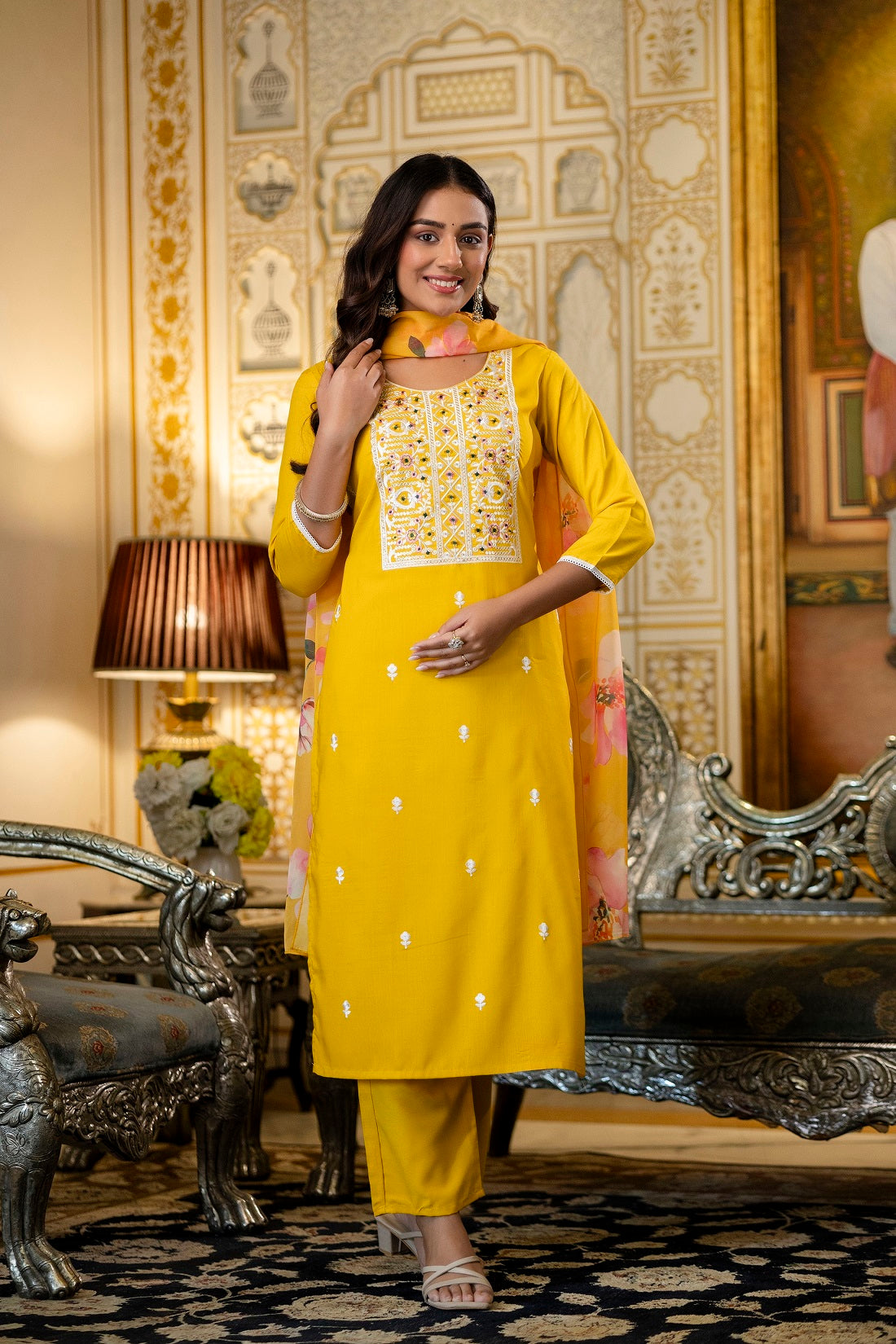 Yellow Viscose Rayon Straight Kurta Set, photo 4