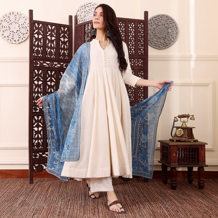 Beige Chanderi Silk Anarkali Kurta Set