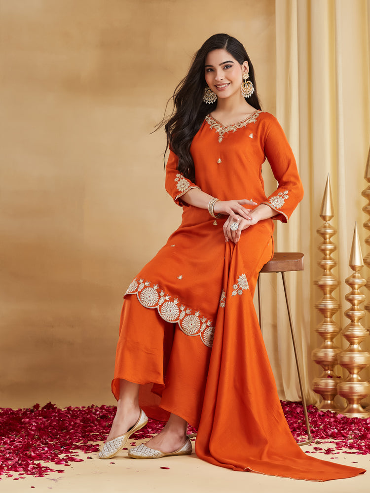 Orange Vichitra Silk Straight Kurta Set