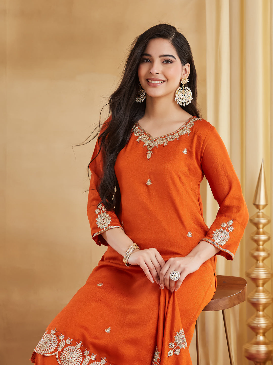 Orange Vichitra Silk Straight Kurta Set, photo 2