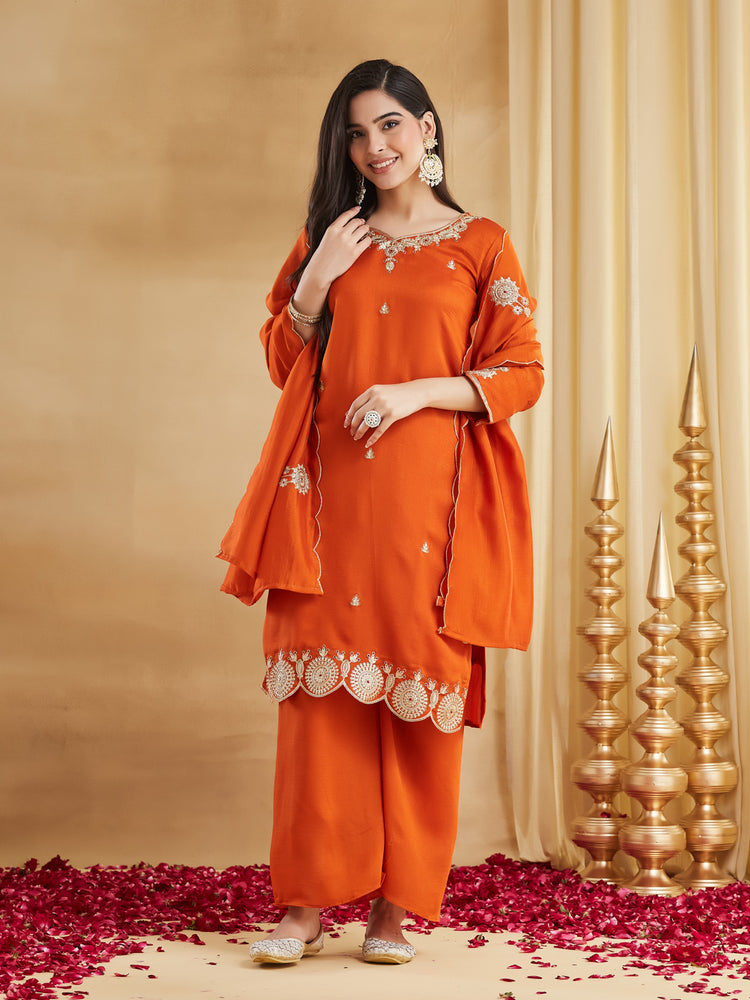 Orange Vichitra Silk Straight Kurta Set, photo 3
