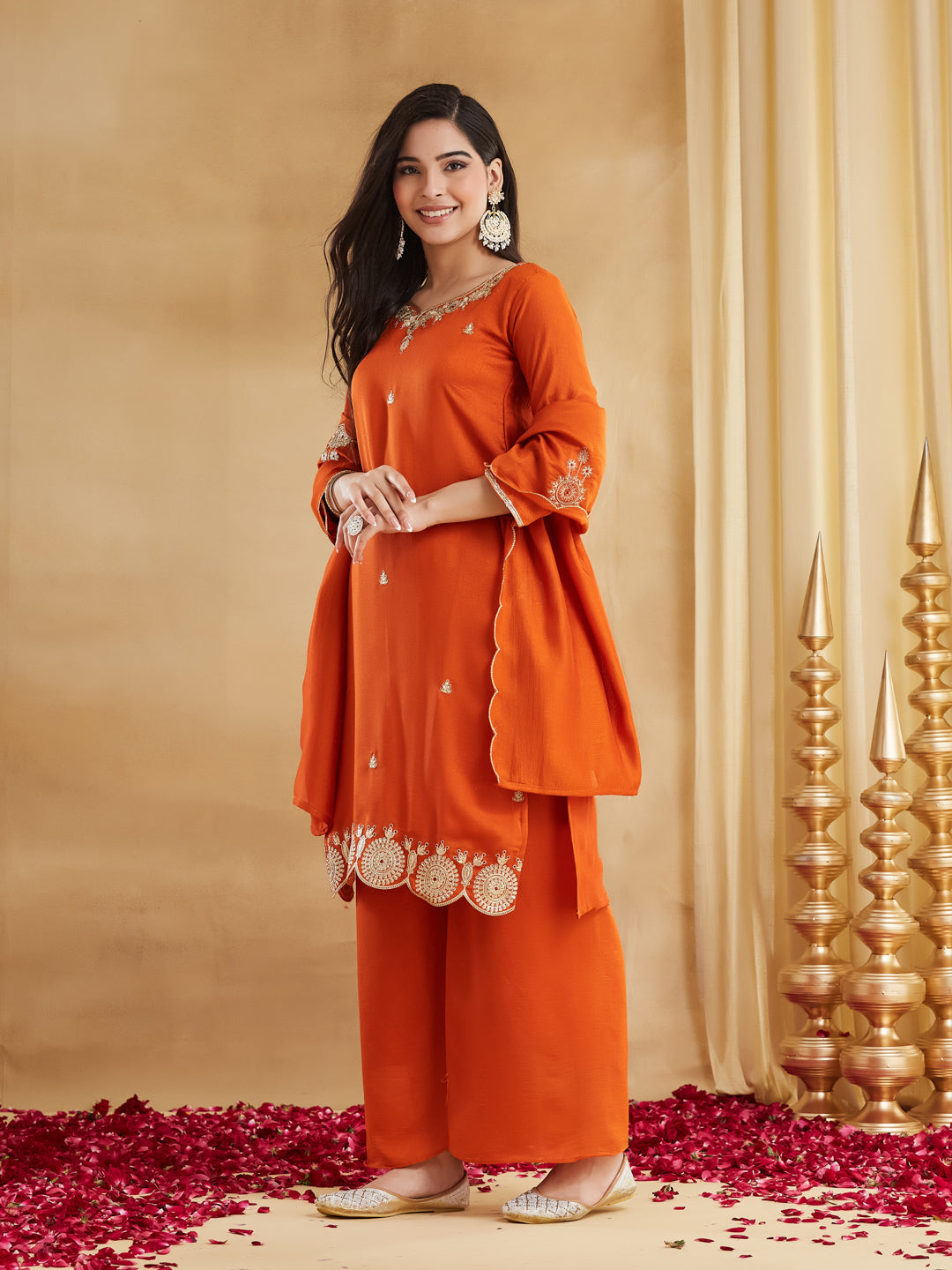 Orange Vichitra Silk Straight Kurta Set, photo 4