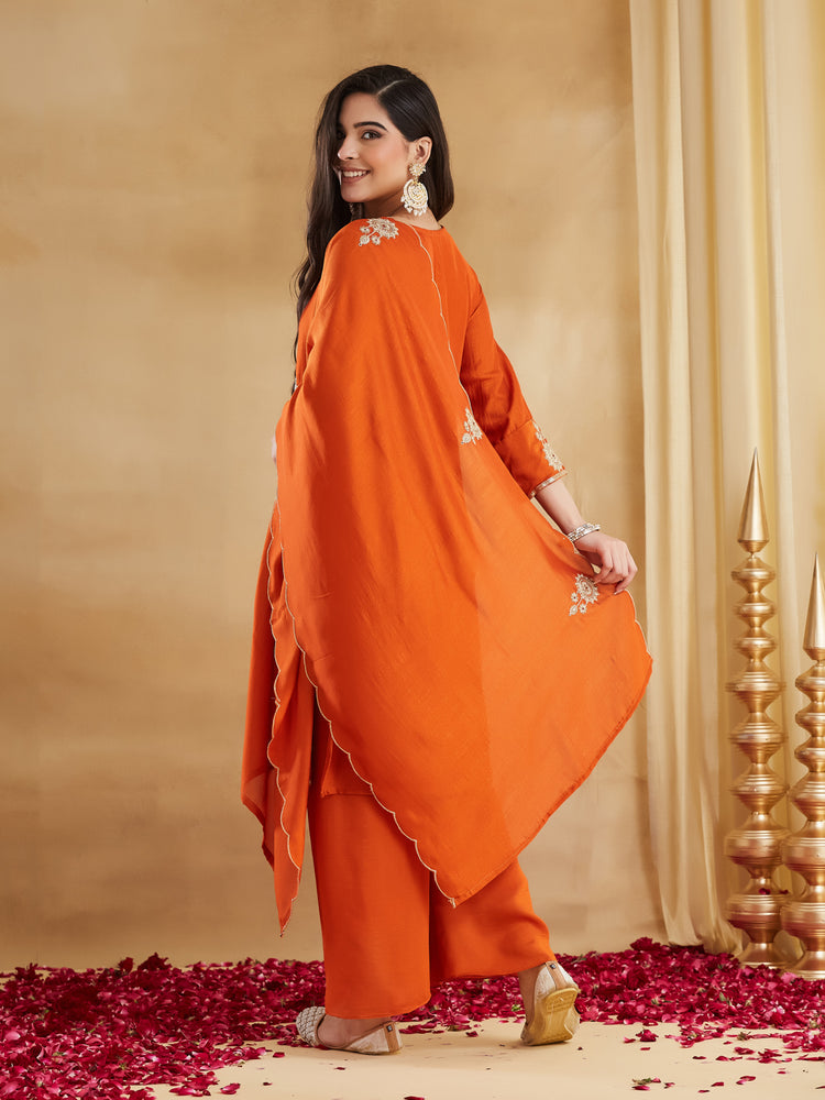 Orange Vichitra Silk Straight Kurta Set, photo 5
