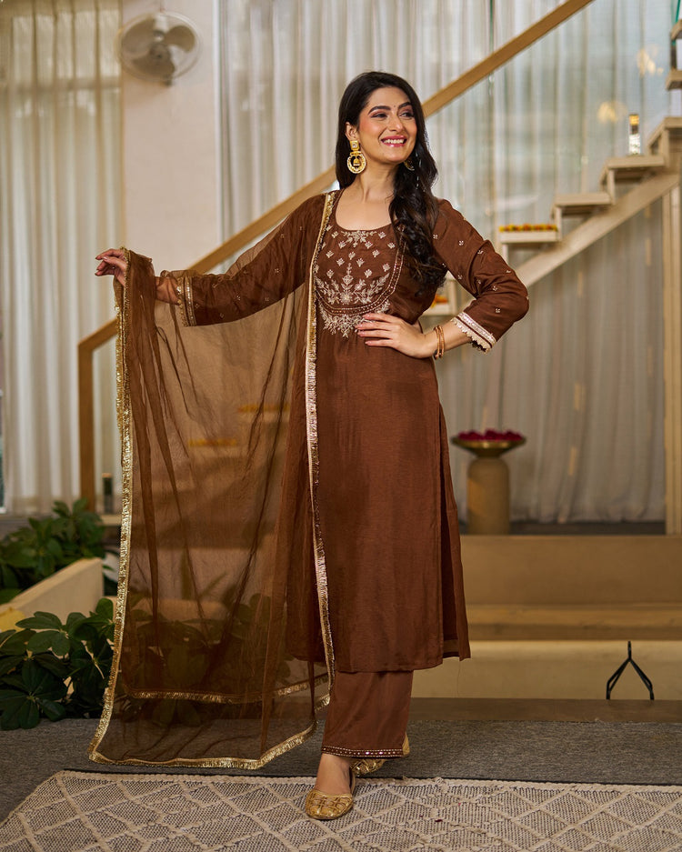 Brown Vichitra Silk Straight Kurta Set