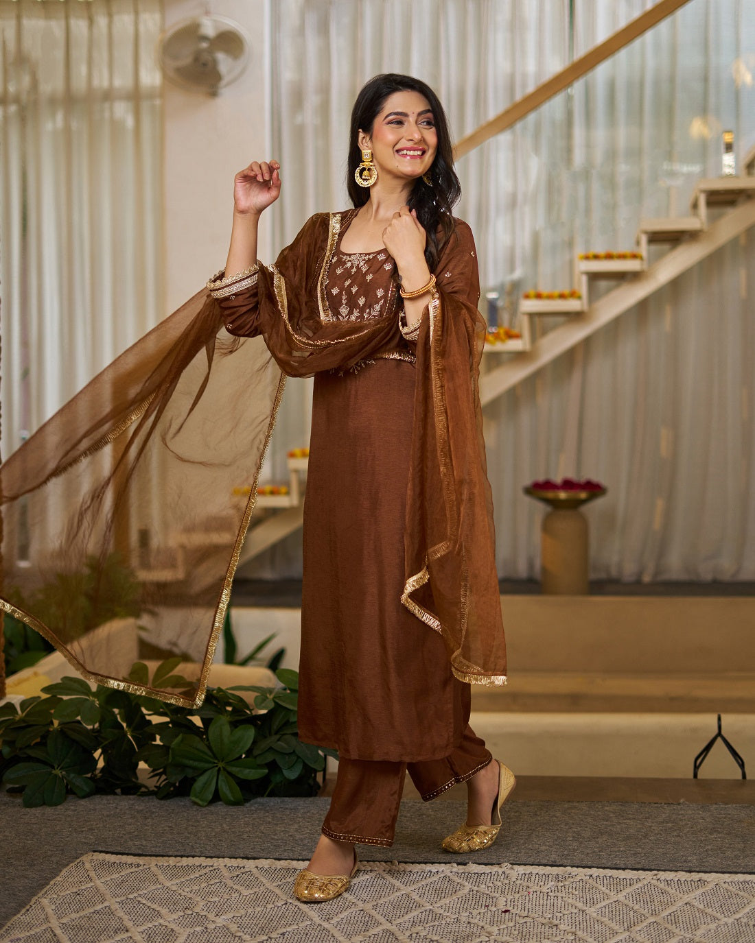 Brown Vichitra Silk Straight Kurta Set, photo 2