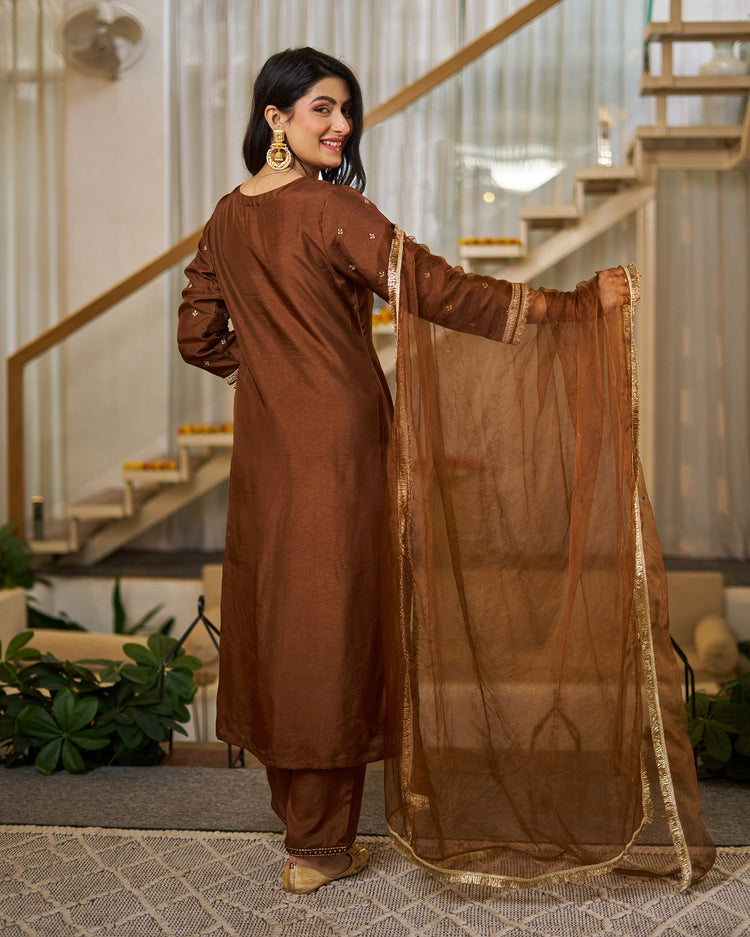 Brown Vichitra Silk Straight Kurta Set, photo 3