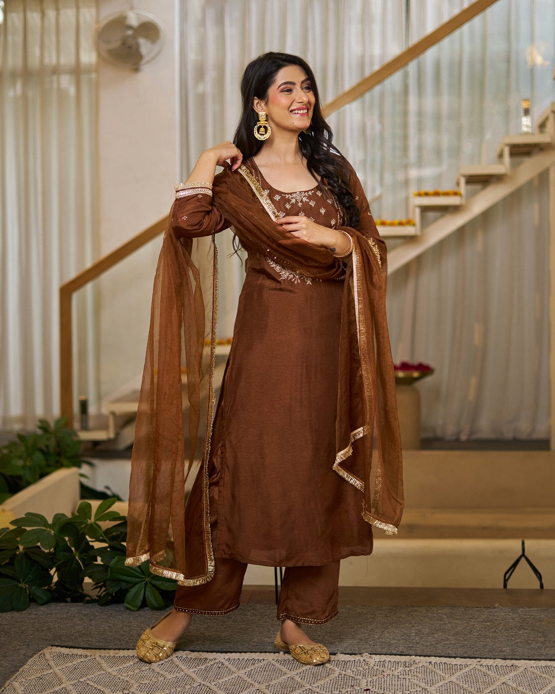 Brown Vichitra Silk Straight Kurta Set, photo 4