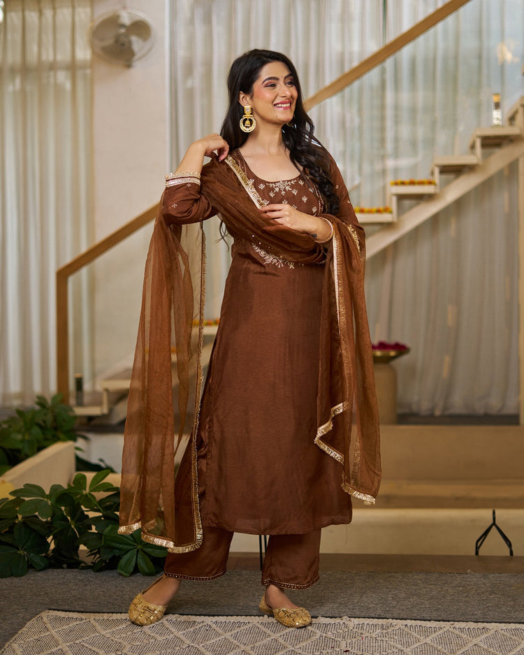 Brown Vichitra Silk Straight Kurta Set, photo 4