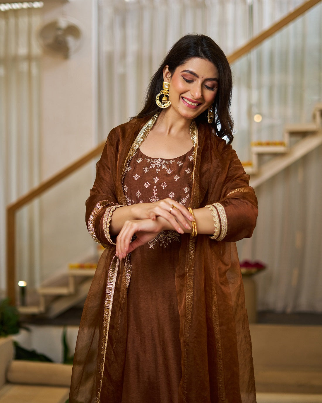 Brown Vichitra Silk Straight Kurta Set, photo 5
