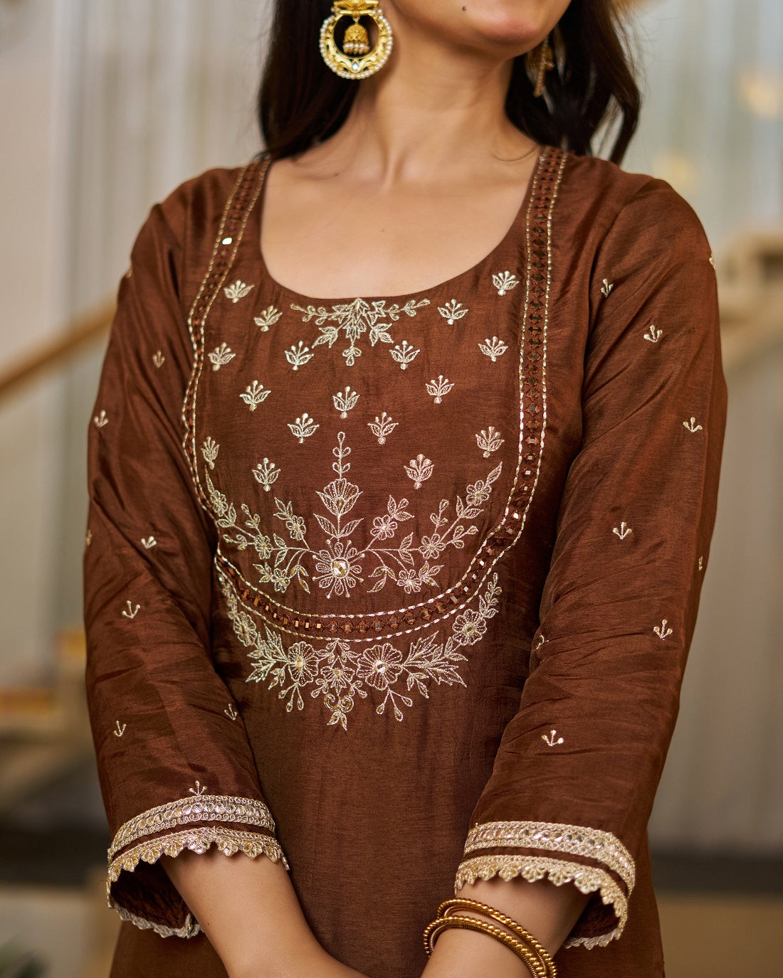 Brown Vichitra Silk Straight Kurta Set, photo 6