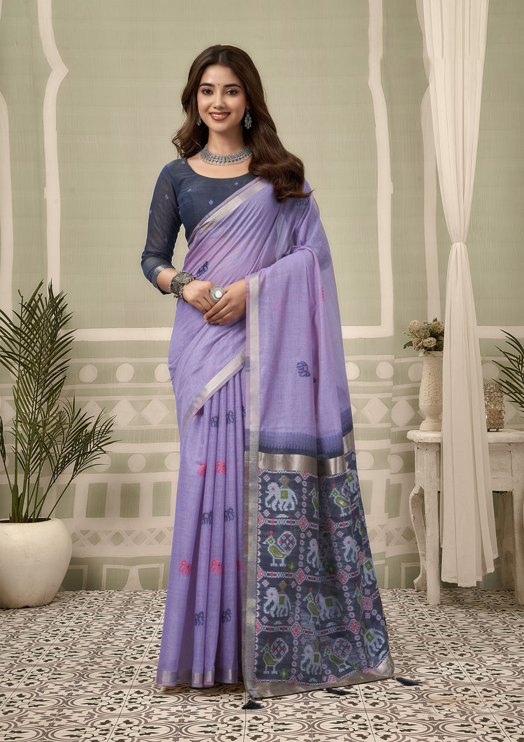 Purple Cotton Silk Woven Saree with Blouse