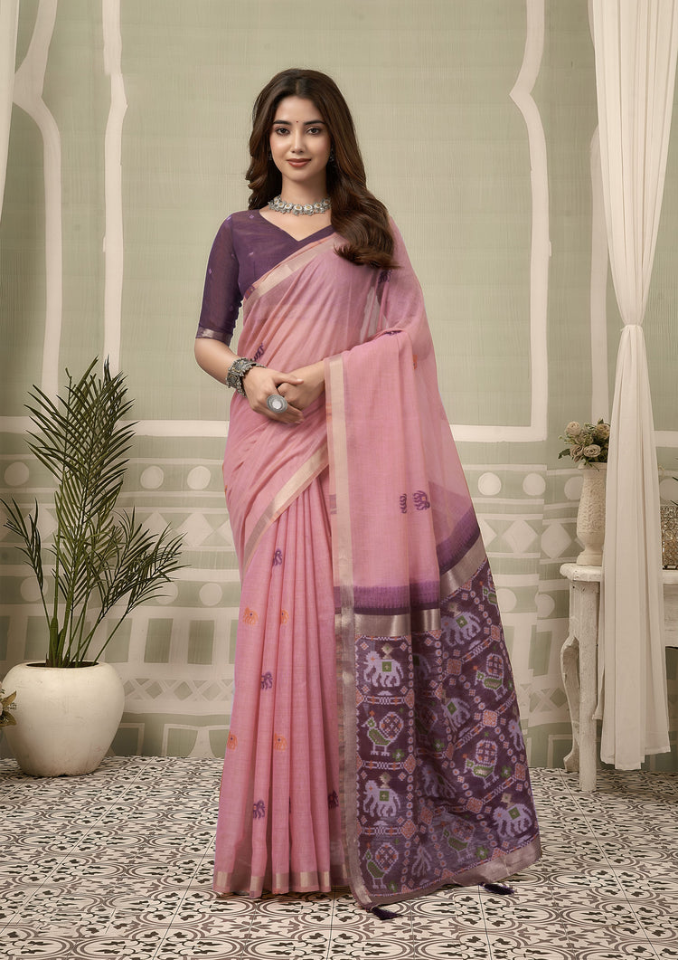 Pink Cotton Silk Woven Saree with Blouse