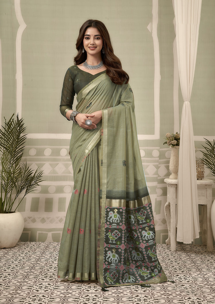 Green Cotton Silk Woven Saree with Blouse