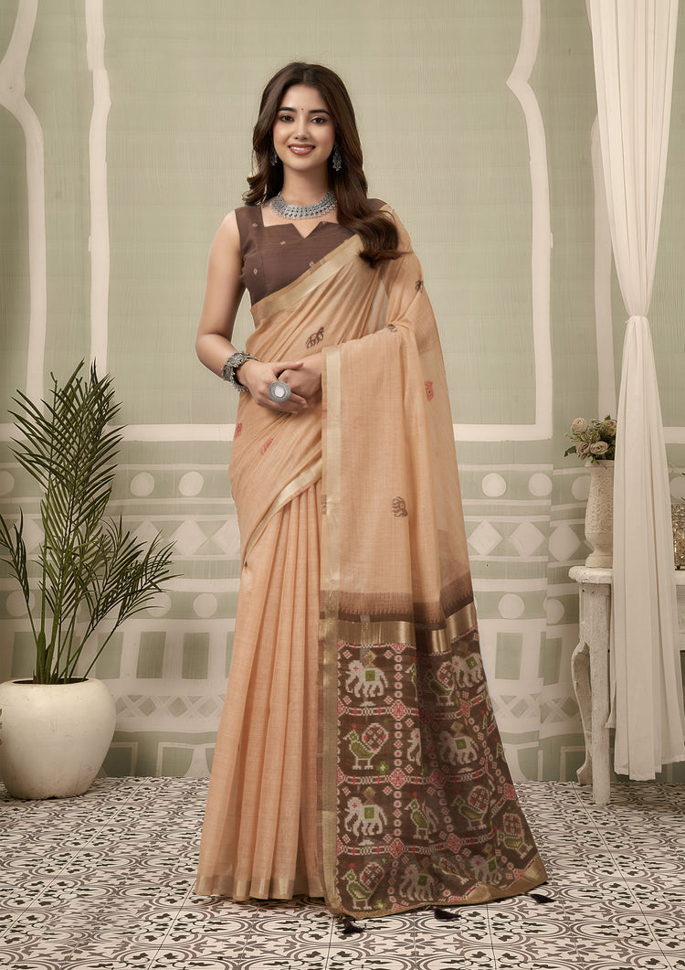 Peach Cotton Silk Woven Saree with Blouse