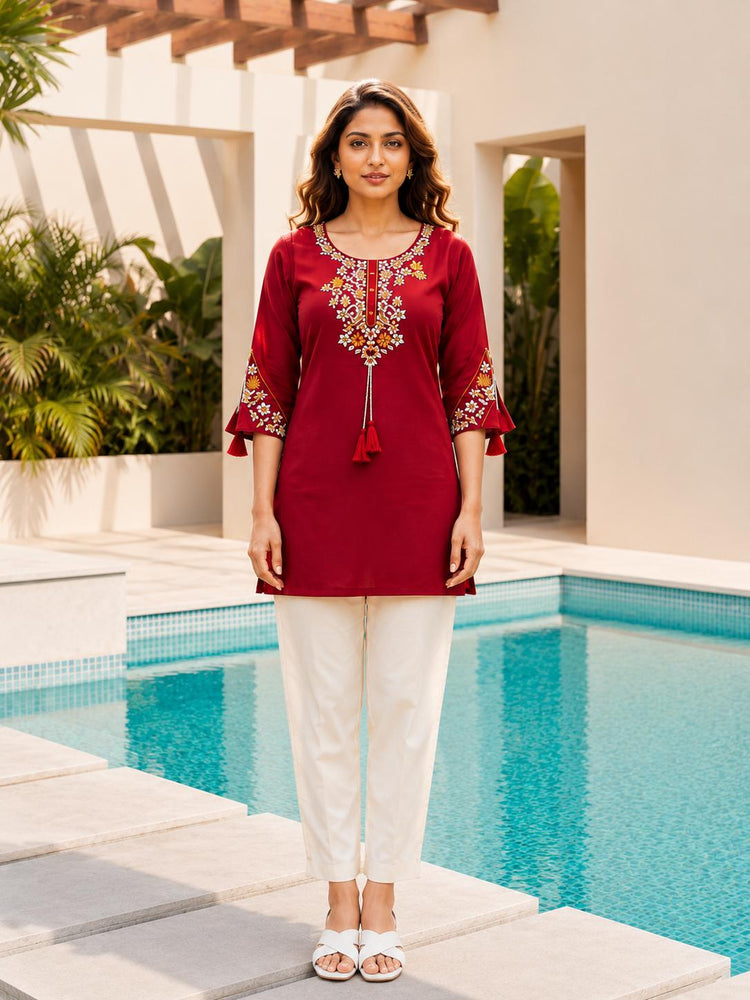 Maroon Rayon Embroidered Tunic Kurti