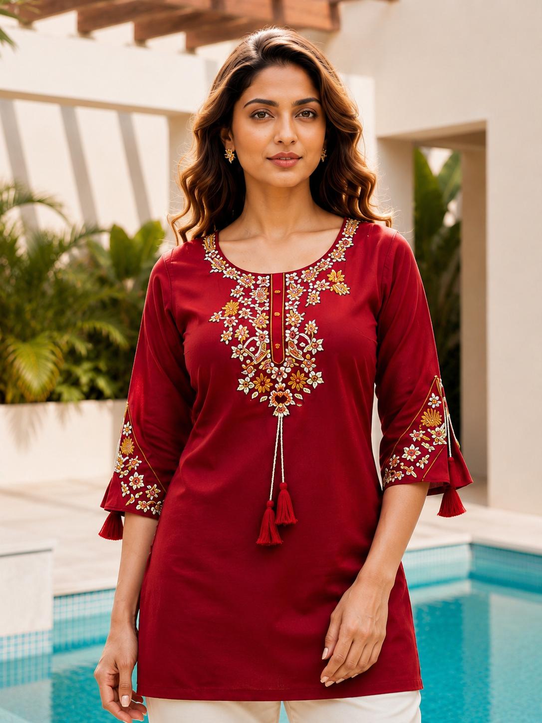 Maroon Rayon Embroidered Tunic Kurti, photo 3