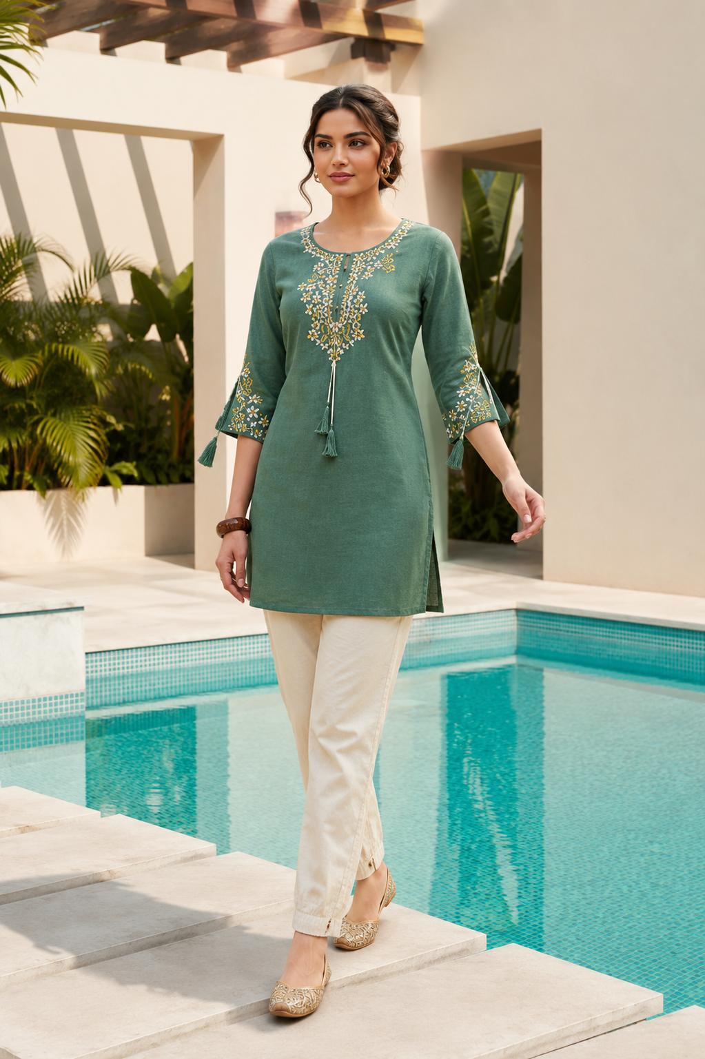 Green Rayon Embroidered Tunic Kurti, photo 2