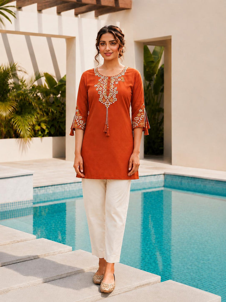Orange Rayon Embroidered Tunic Kurti