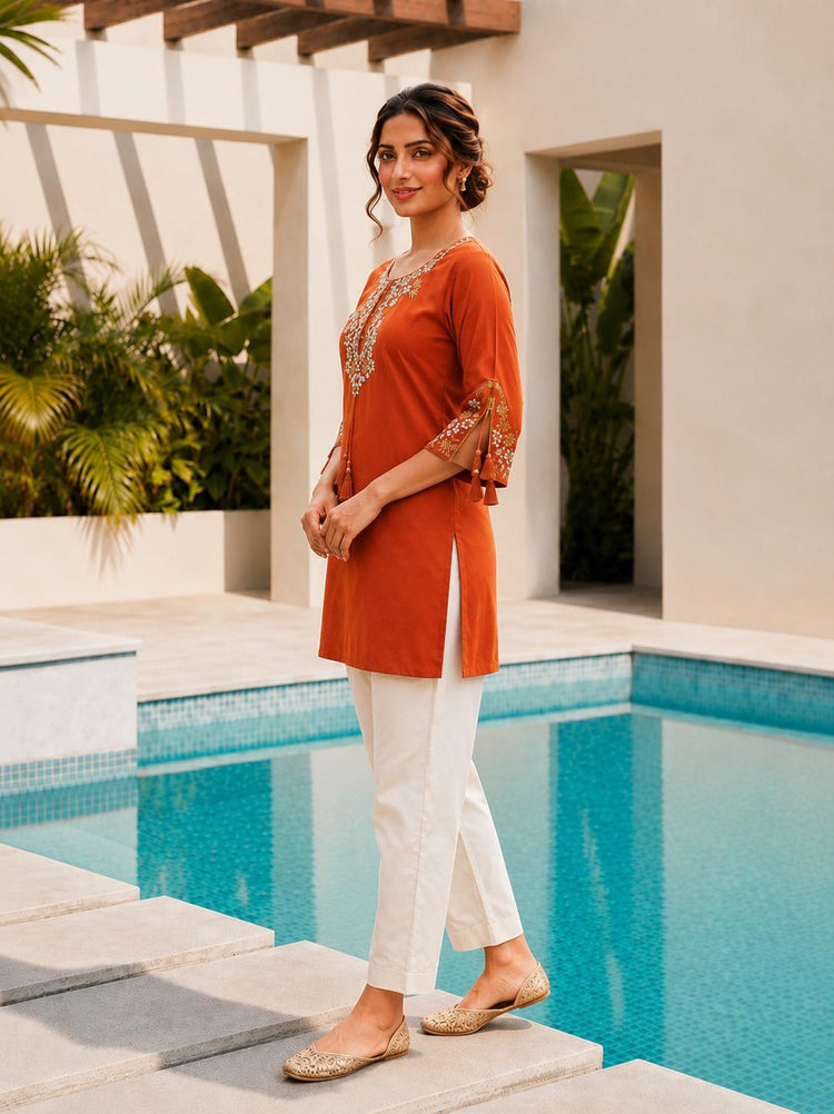 Orange Rayon Embroidered Tunic Kurti, photo 3