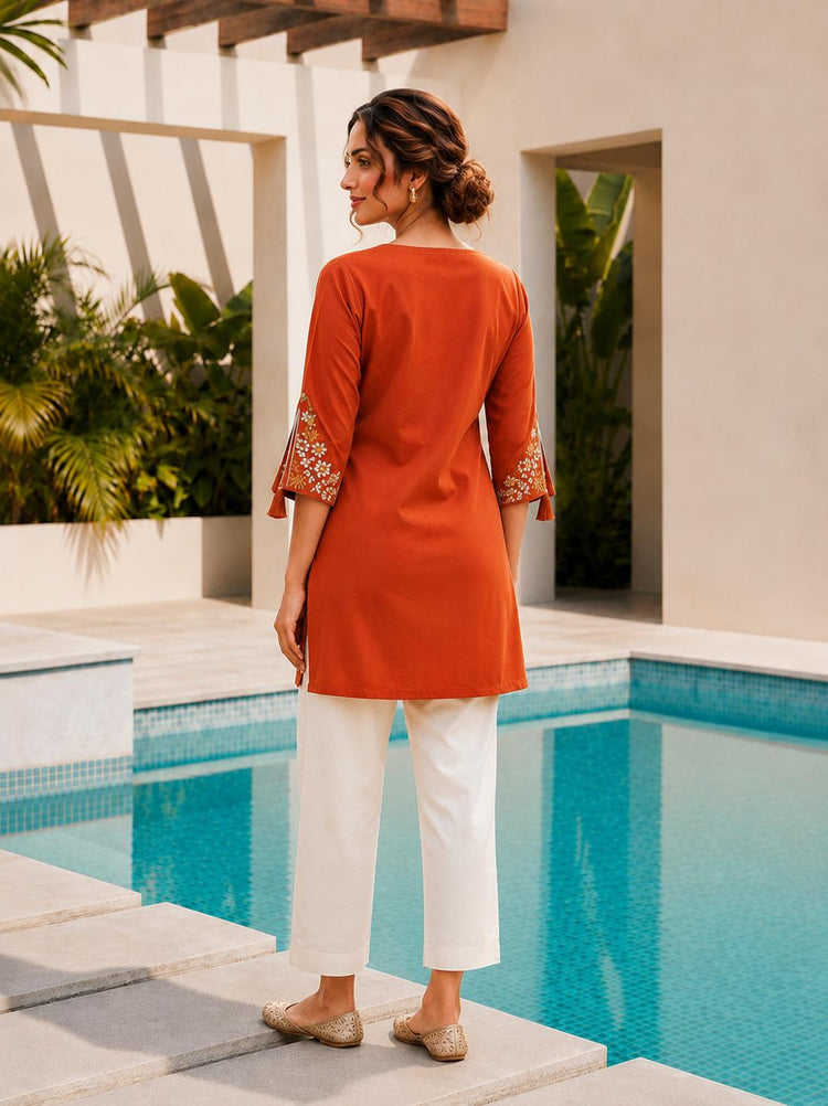 Orange Rayon Embroidered Tunic Kurti, photo 2