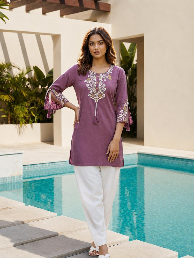 Purple Rayon Embroidered Tunic Kurti