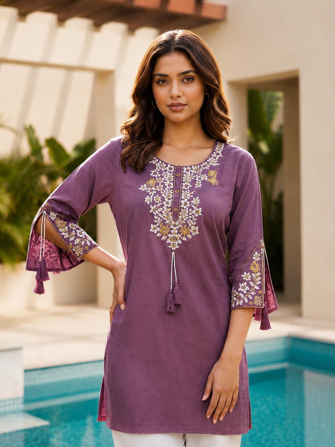 Purple Rayon Embroidered Tunic Kurti, photo 3