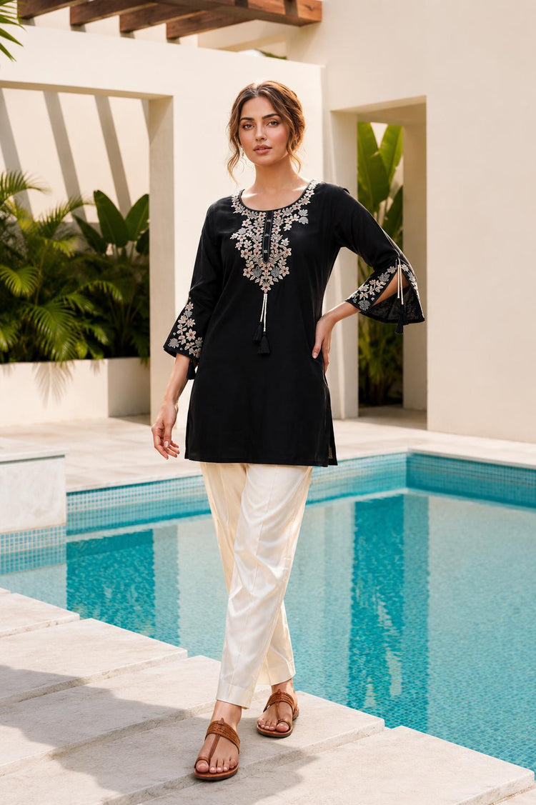 Black Rayon Embroidered Tunic Kurti