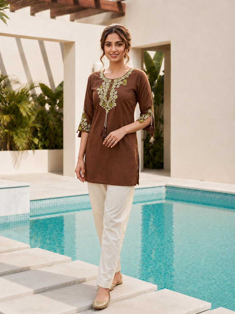 Brown Rayon Embroidered Tunic Kurti