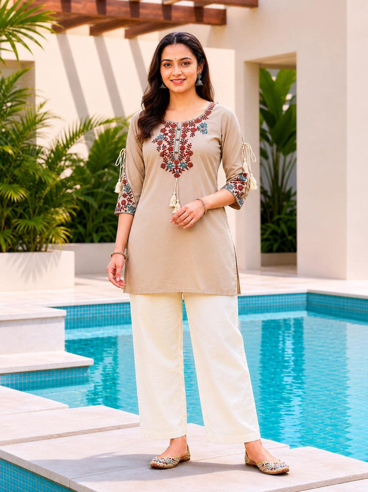 Beige Rayon Embroidered Tunic Kurti