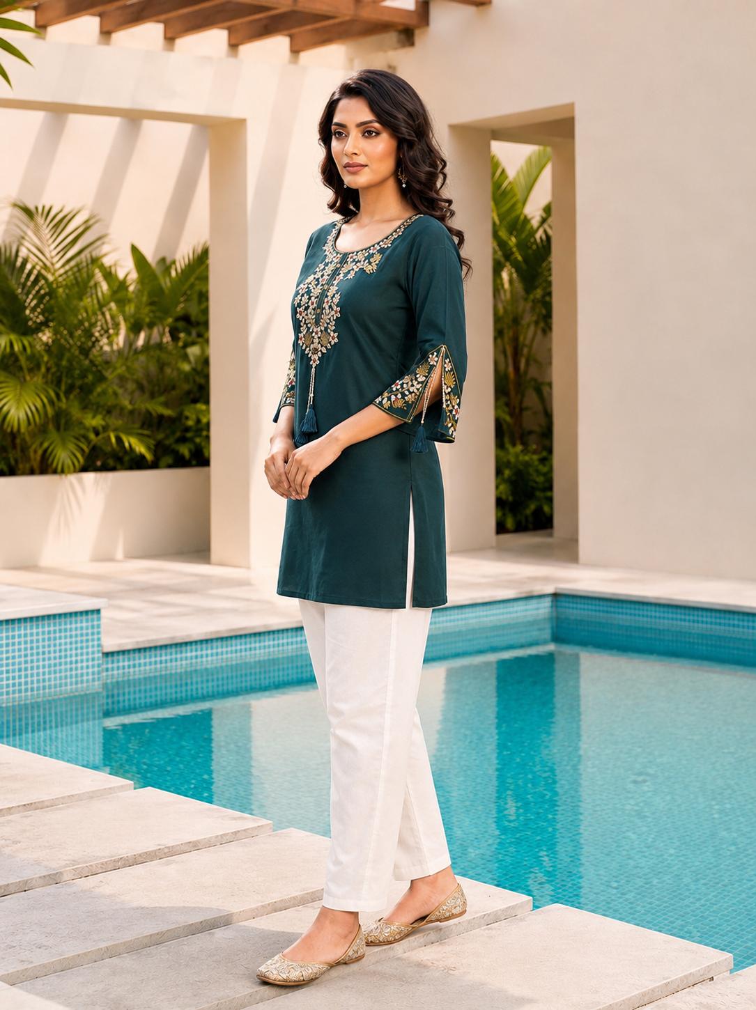 Teal Blue Rayon Embroidered Tunic Kurti, photo 2