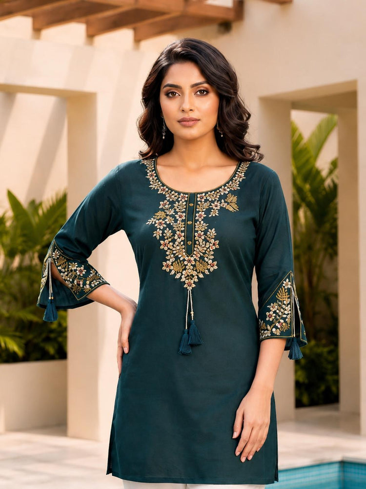 Teal Blue Rayon Embroidered Tunic Kurti, photo 3