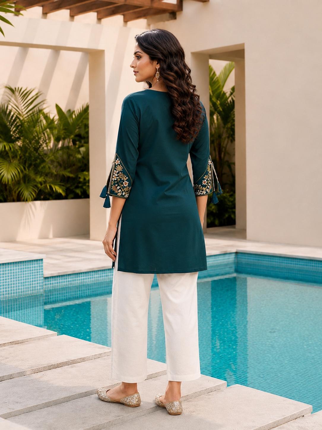 Teal Blue Rayon Embroidered Tunic Kurti, photo 4