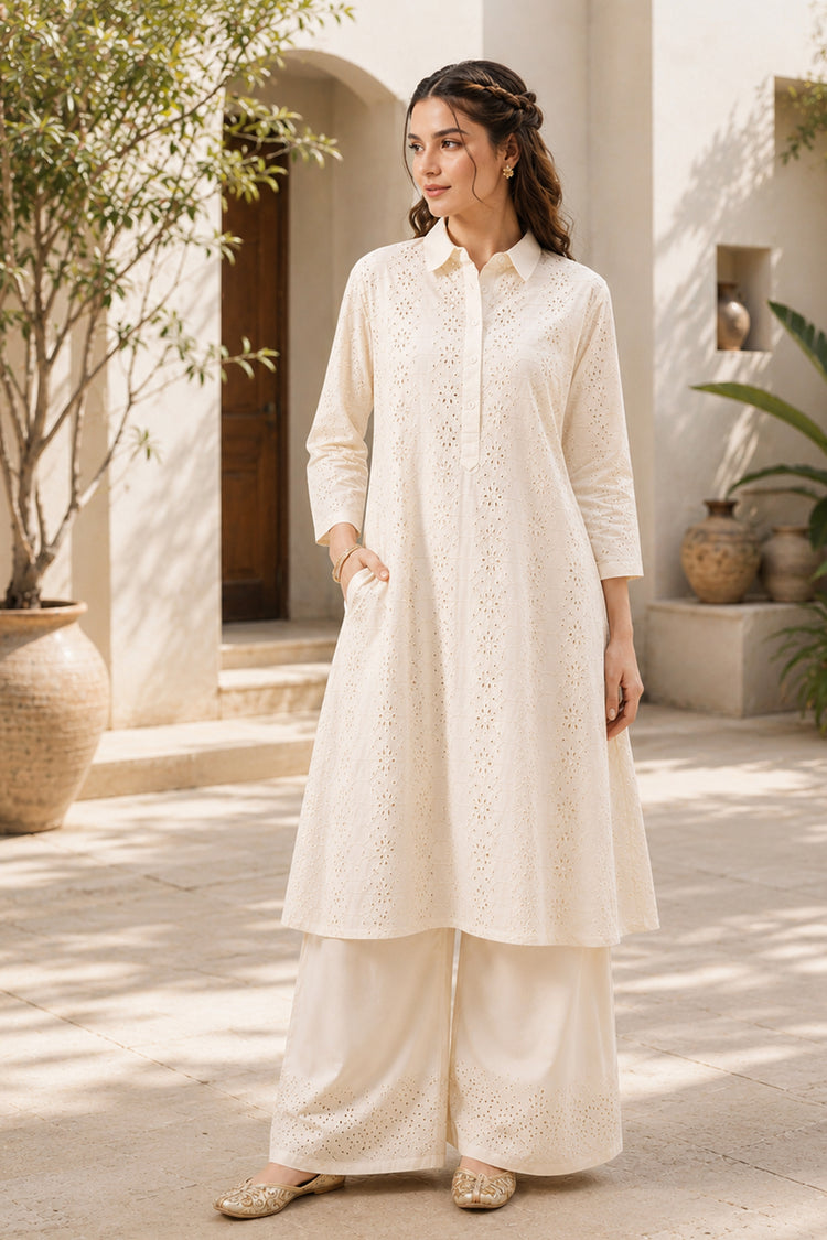 Off White Cotton Schiffli Kurta Set