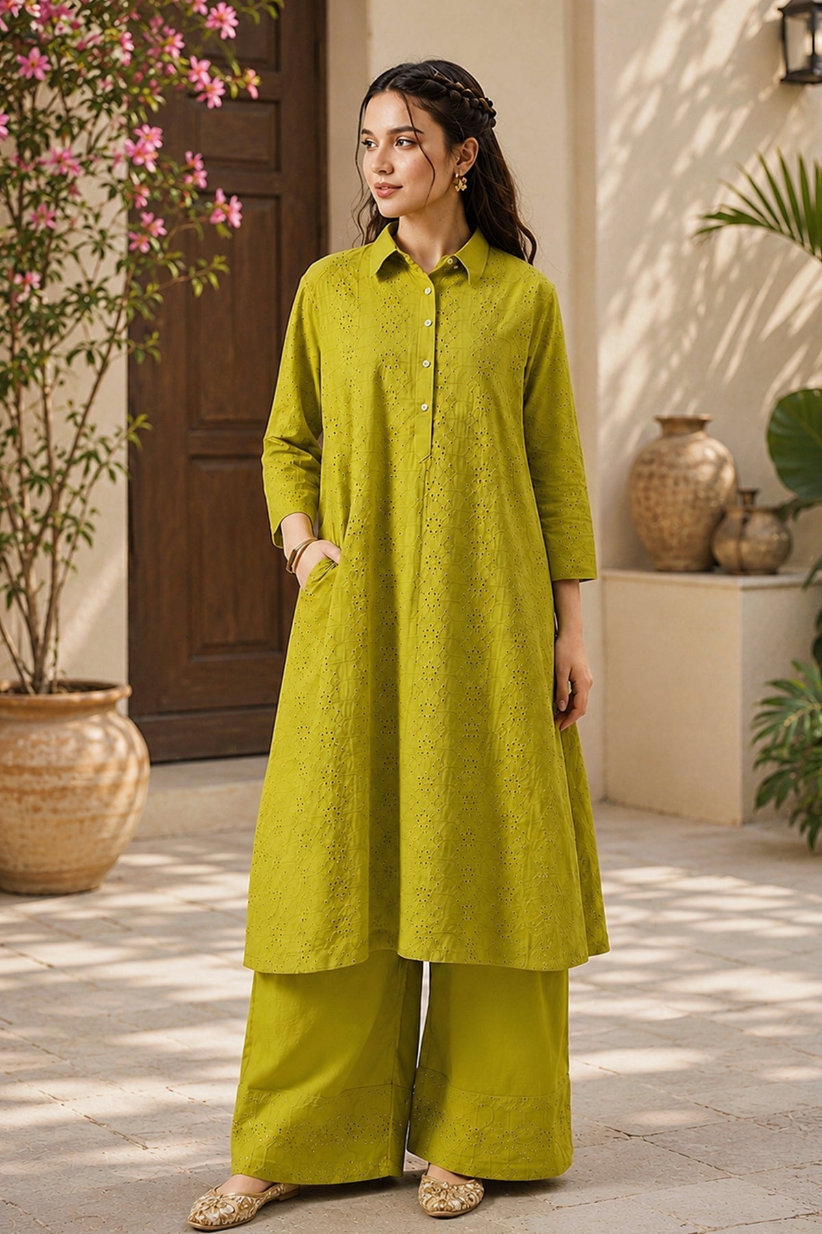 Green Cotton Schiffli Embroidered Kurta Set, photo 3