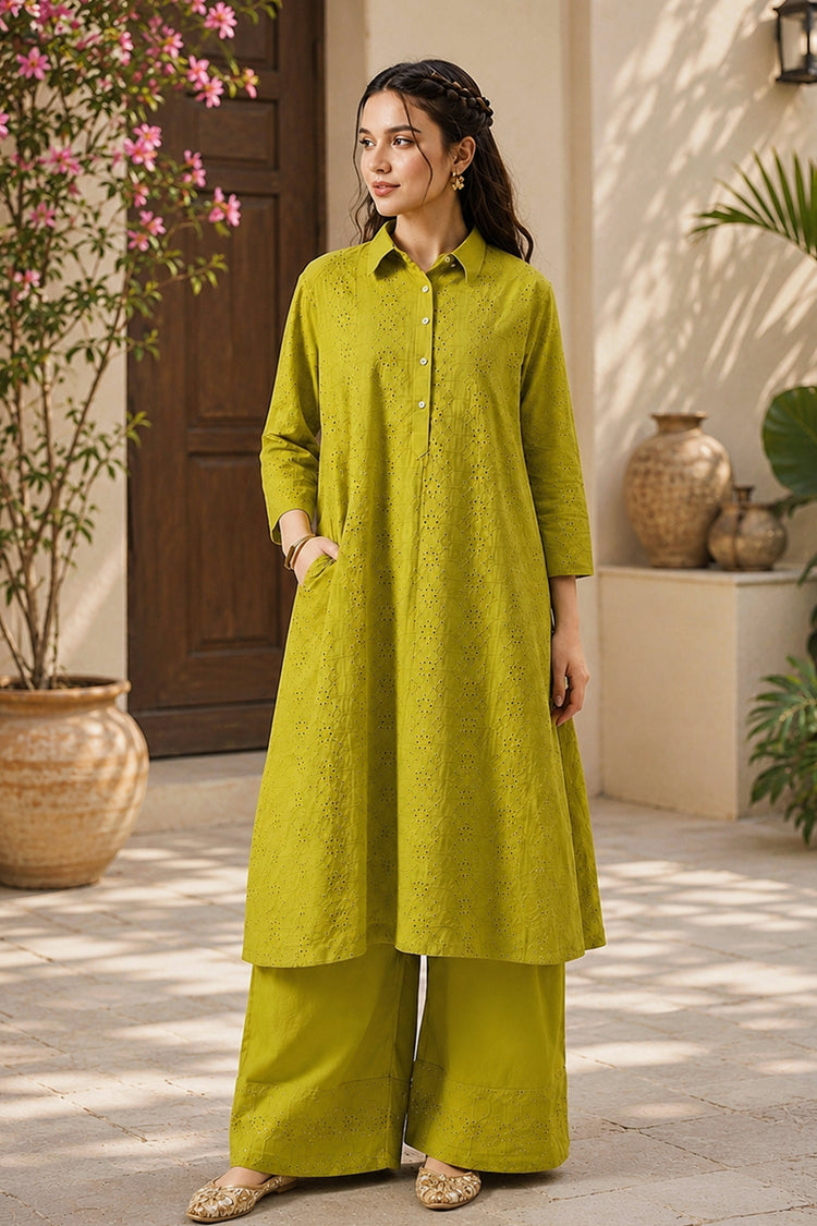 Green Cotton Schiffli Embroidered Kurta Set, photo 3