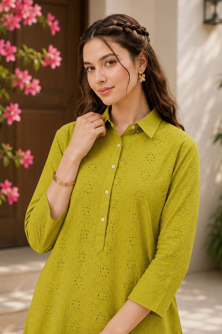 Green Cotton Schiffli Embroidered Kurta Set, photo 4