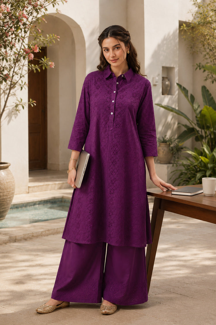 Violet Cotton Schiffli Embroidered Kurta Set