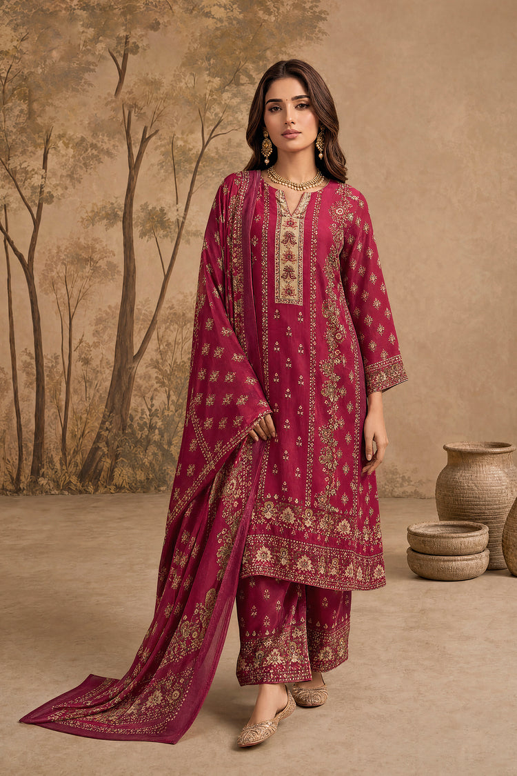 Maroon Printed Unstitched Suit Material