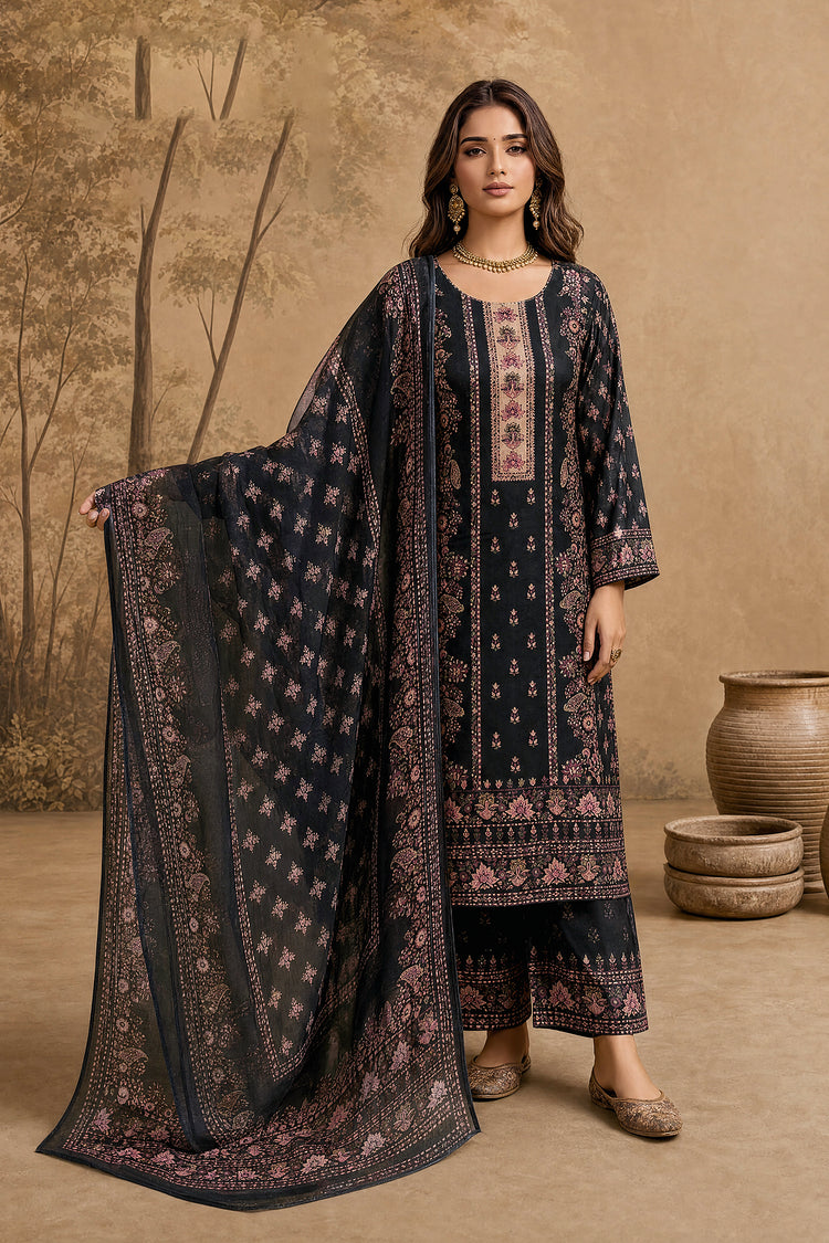 Black Printed Unstitched Suit Material