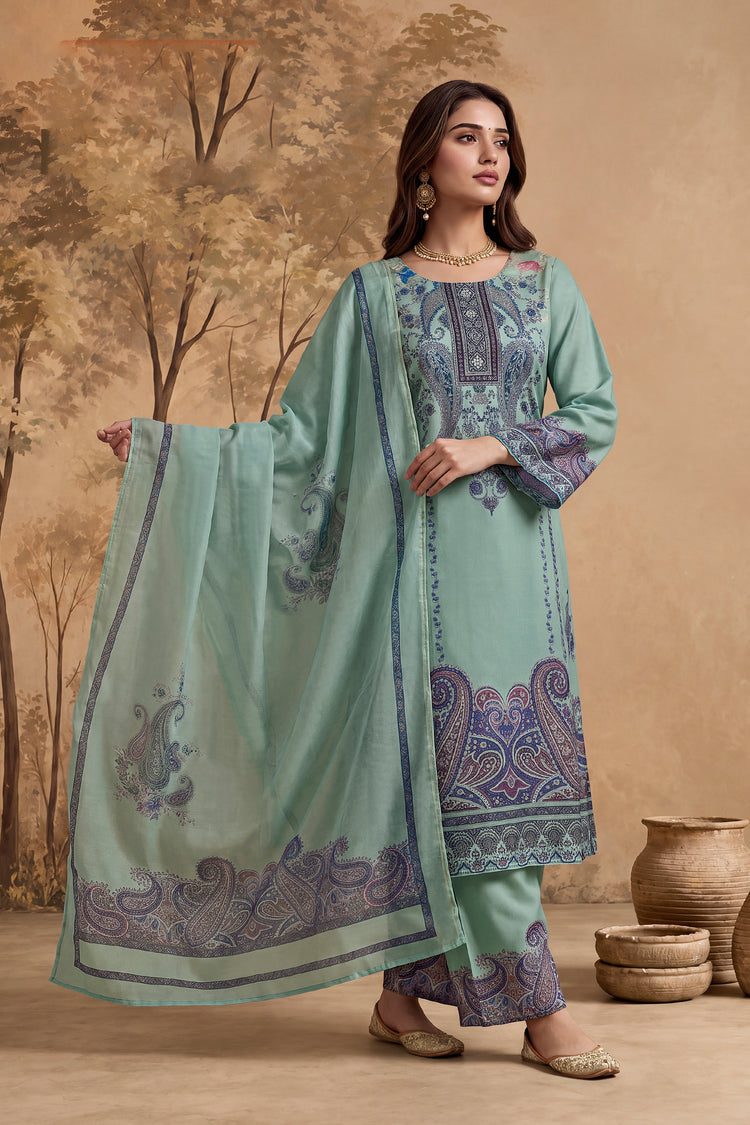 Teal Printed Unstitched Suit Material