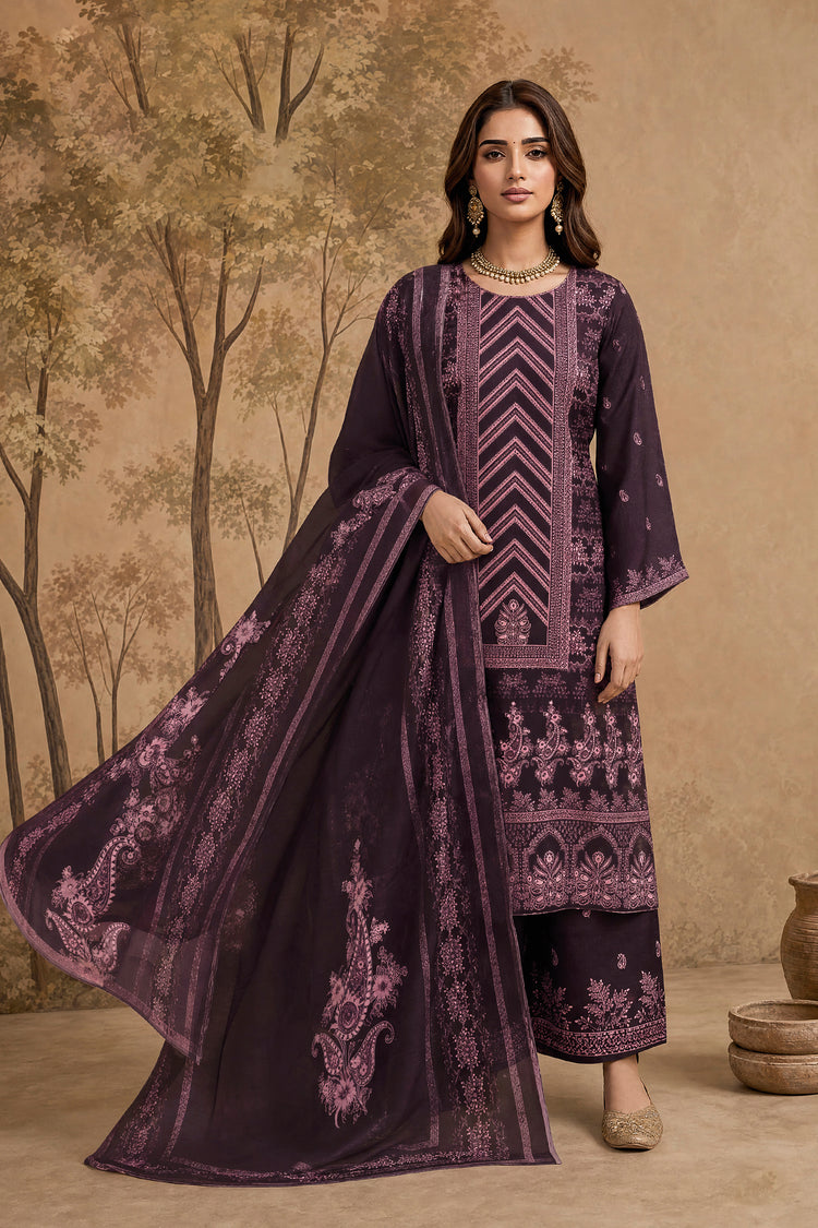 Wine Printed Unstitched Suit Material