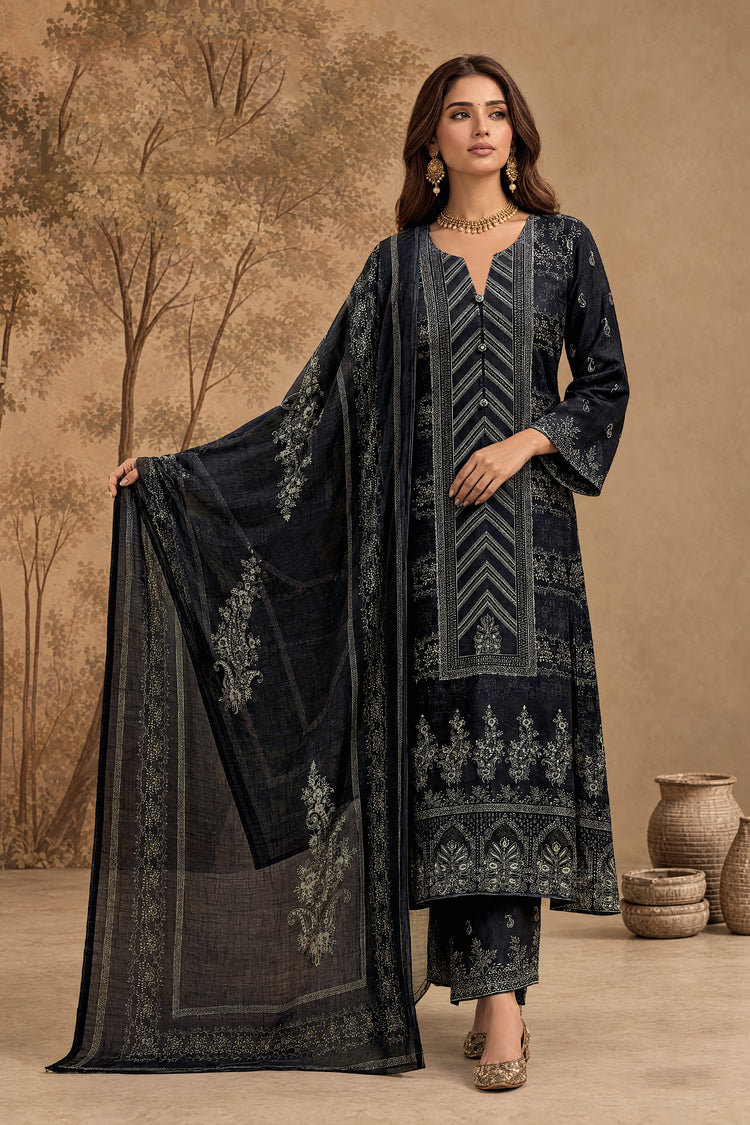 Navy Blue Printed Unstitched Suit Material