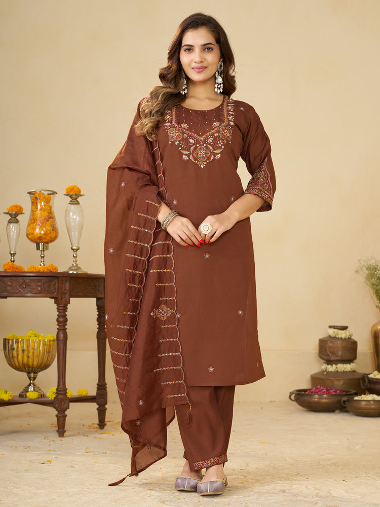 Coffee Marina Silk Embroidered Kurta Set