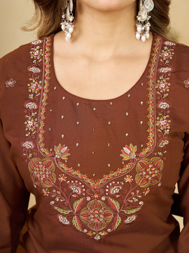 Coffee Marina Silk Embroidered Kurta Set, photo 2