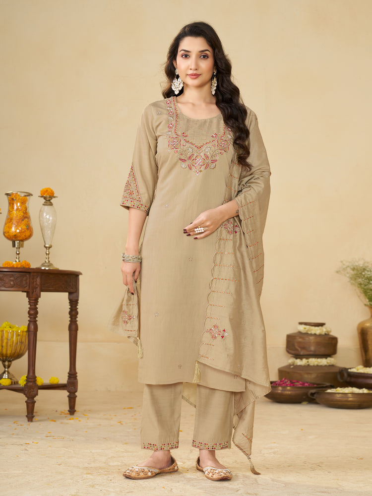 Beige Marina Silk Embroidered Kurta Set